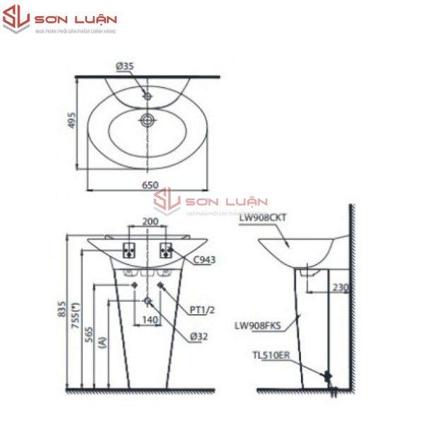 Chậu rửa mặt lavabo chân dài TOTO LPT908C