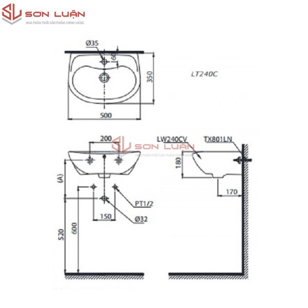 Chậu rửa mặt lavabo treo tường TOTO LT240CS
