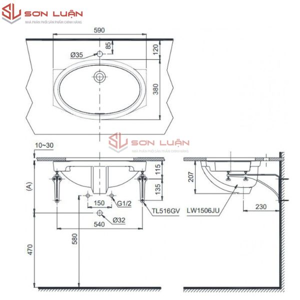 Chậu rửa mặt lavabo TOTO âm bàn LW1506V