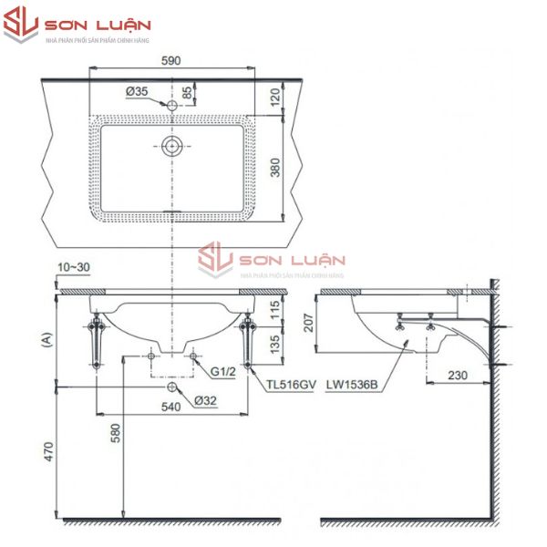Chậu rửa mặt lavabo TOTO âm bàn LW1536V