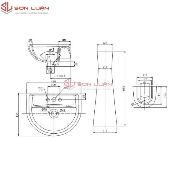 Chậu rửa mặt Viglacera VTL3N + chân đứng VI1T